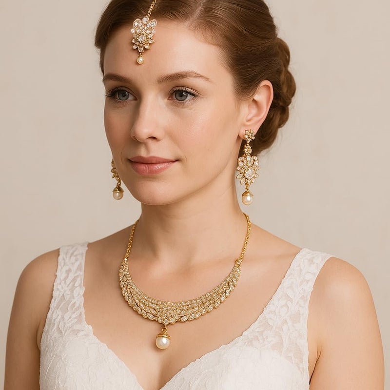 Touchstone Indian gold jewelry sets for women bollywood wedding guest desi chunky necklace maang tikka set pearl bridal artificial simple formal outfits white rhinestone accessories - Image 2